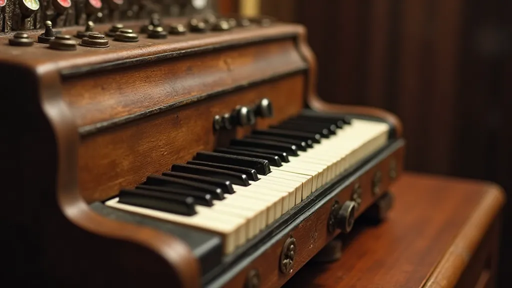 Interior view of an antique accordion showcasing aged wood and keys.
