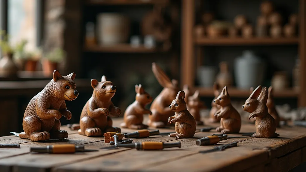Antique carved animals and workshop