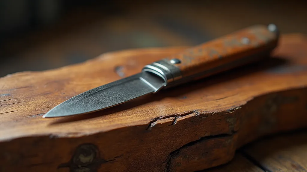 Antique penknife resting on a piece of walnut wood