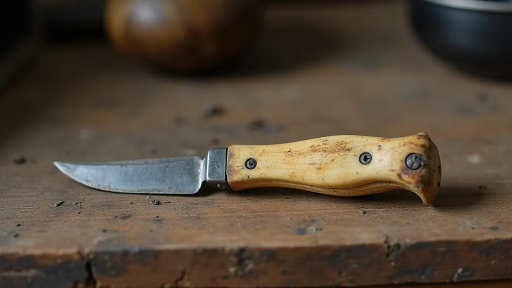 Antique bone-handled penknife on a workbench