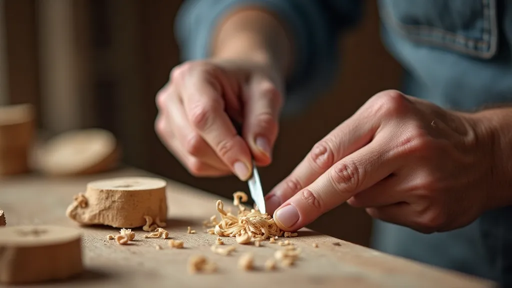 Woodcarver shaving wood with a penknife