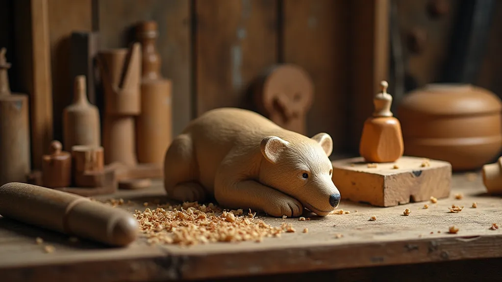 Carved wooden figure and carving tools on a workbench