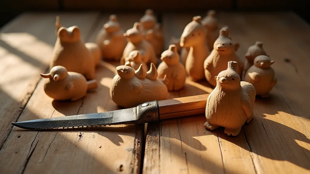 Collection of penknife-carved wooden animals