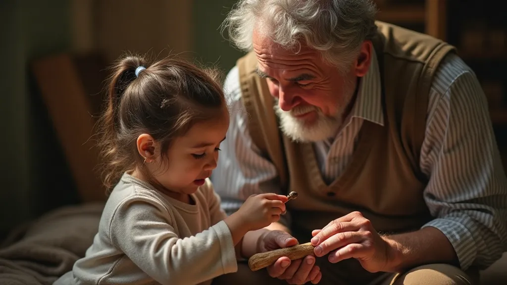 Young girl learning to whittle with her grandparent