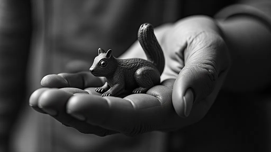 Weathered hand holding a carved wooden squirrel.