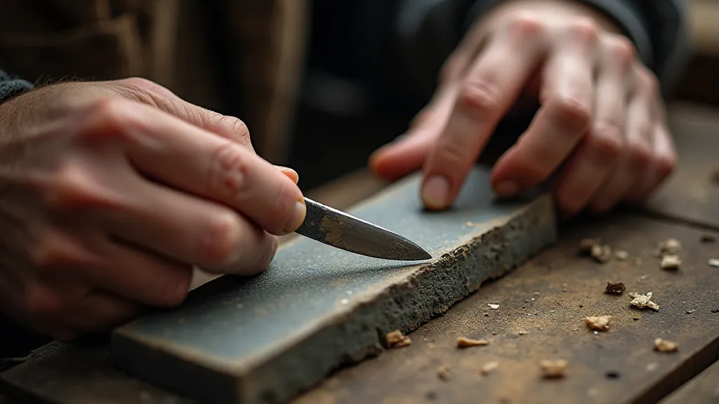 Hands sharpening an antique penknife