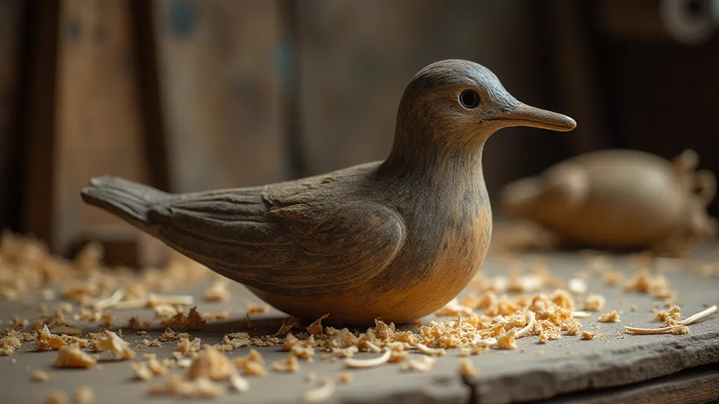 Close-up of a hand-carved wooden bird