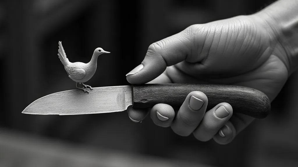 Carver's hand holding a penknife and whittled wood
