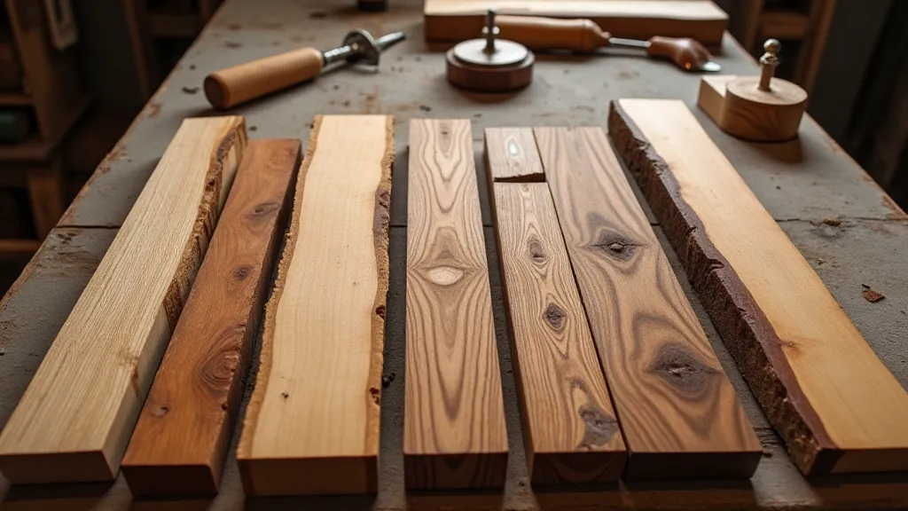 Workbench with diverse wood samples exhibiting different grain patterns.