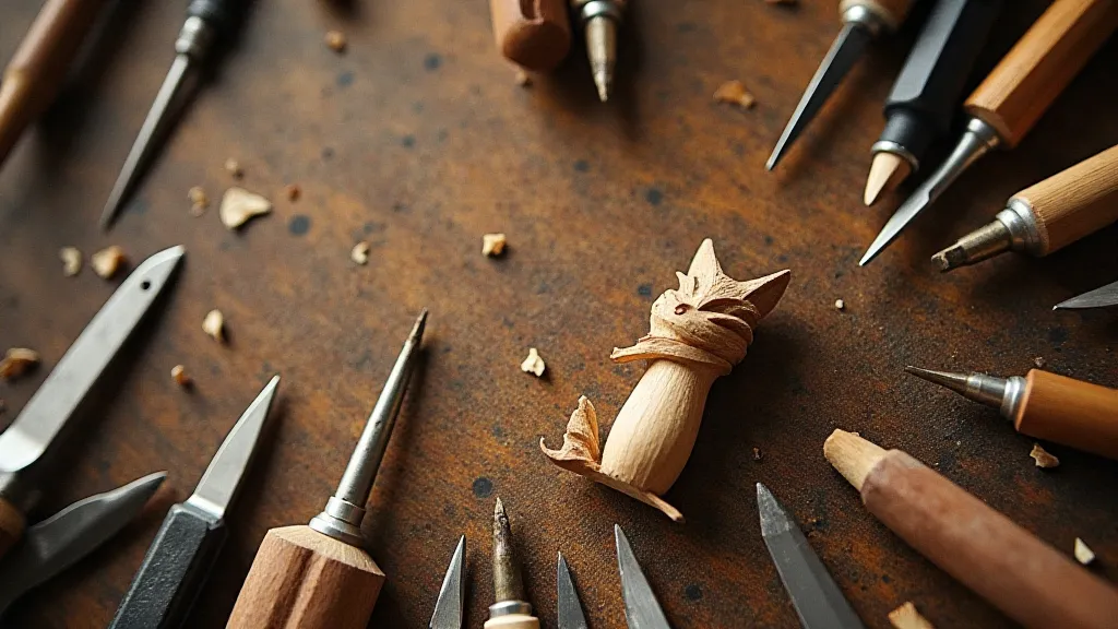 Workbench with penknife carving tools and a fox carving